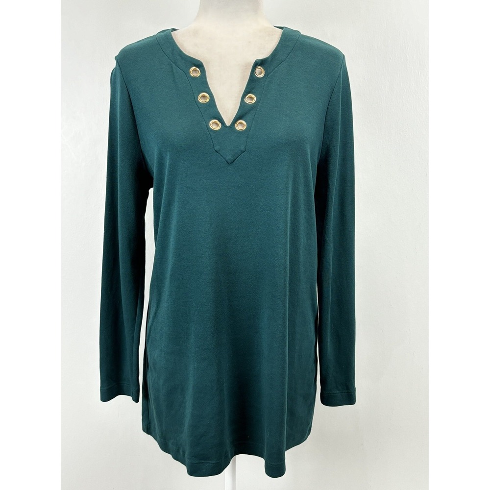 Chicos Pima Grommet Tunic Top Shirt Sz 1 US Medium Green Womens